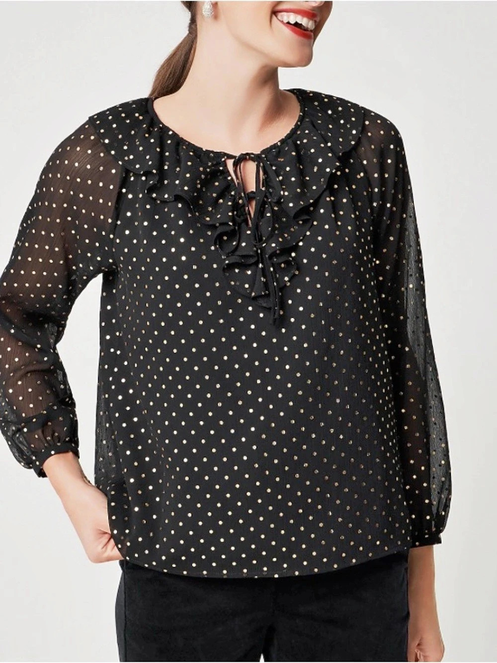 J.Crew Gold Dot Ruffle Tie-Neck Blouse Polka Dot Blouse in Black & Gold Size XS